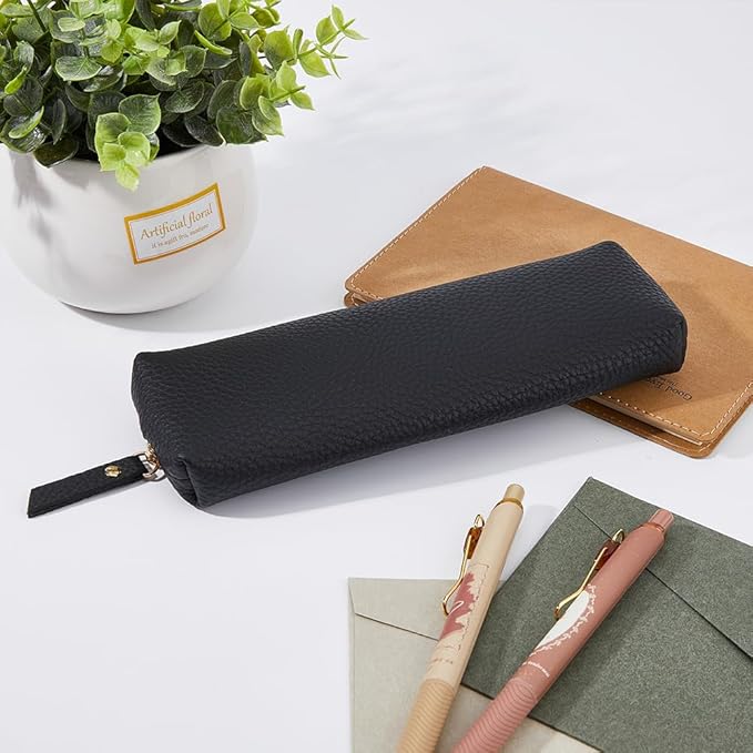 DICOSMETIC Pen Pouch for Purse Black Pu Leather Cosmetic Bag 20CM Makeup Brushes Bag Small Pen Bag Lovely Zipper Pouch Portable Cosmetic Bag Organizer for Pen Pencils