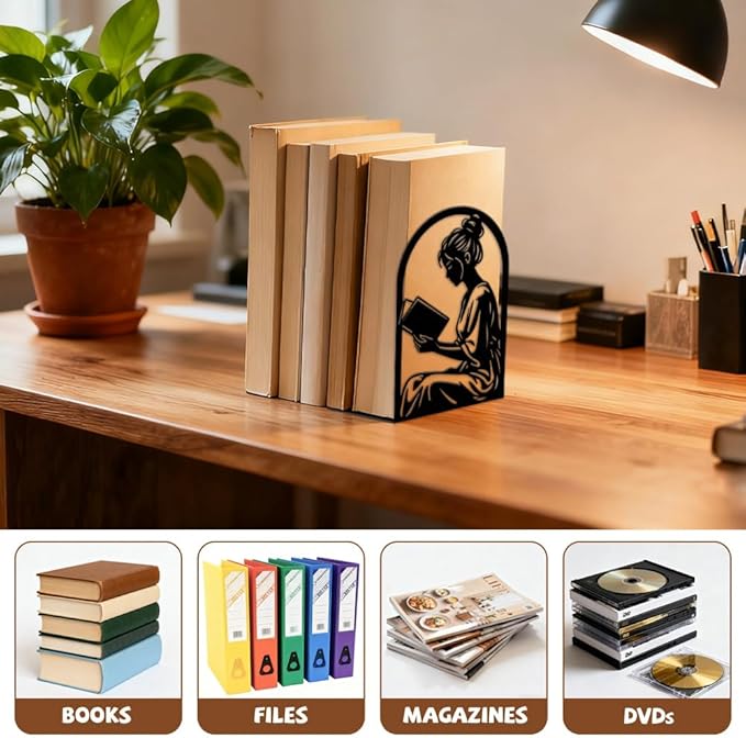 Peacoblue Metal Bookends for Shelves, Modern Decorative Heavy Duty Study Book Ends Stoppers for Office, Desk, Shelf, Room 5.3"x4.3"x7.9" Cast Iron Simple Tall Bookends 1 Pair (Reading Girl)