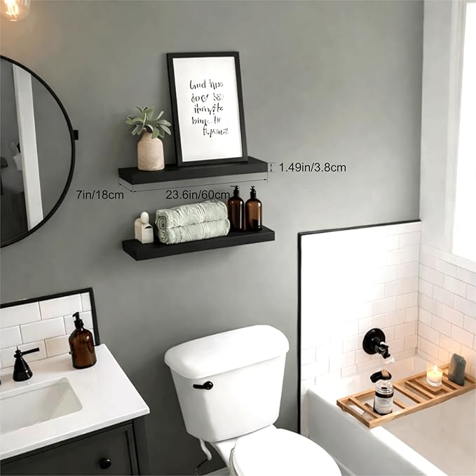 Floating Shelves for Wall, 24" Wall Mounted Shelves, Industrial Minimal Decor & Storage for Bathroom, Home Office, Living Room, Study, with Invisible Brackets, Set of 2, Black