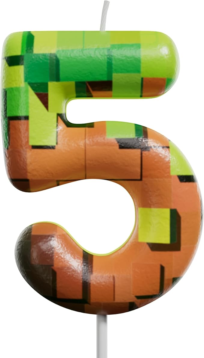 Pixel Miner Number Candle for Birthday Cake - 2.7 Inch Video Game Themed Party Decoration, Dynamite Style Cake Topper for Boys Girls Kids Anniversary Supplies(Retro Art, 5)
