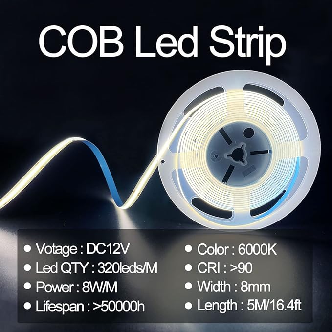 HAMRVL COB LED Strip Lights White 6000K,DC12V 16.4ft/5M 320leds/M CRI90 Flexible LED Tape Lights 8mm,for Indoor Home Cabinet,Bedroom, Kitchen, Stage, Backlight DIY Lighting(Without Power Supply)