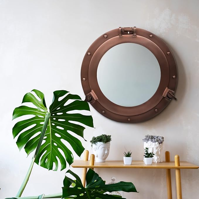 20 Inch Bathroom Wall Decor Ship Porthole Mirror with Copper Finish – Vintage Round Wall Mounted Mirror for Bathroom Vanity, Nautical Pirate Coastal Vintage Home Décor