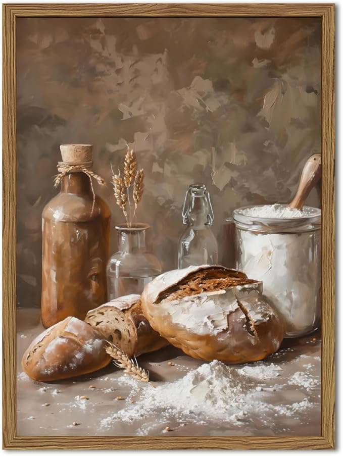 Framed Vintage Kitchen Wall Art, Rustic Bread and Flour Pictures Wall Decor Paintings, Farmhouse Food Poster Canvas Prints Country Home Decor for Dining Room Living Room Bakery 16x24 inch