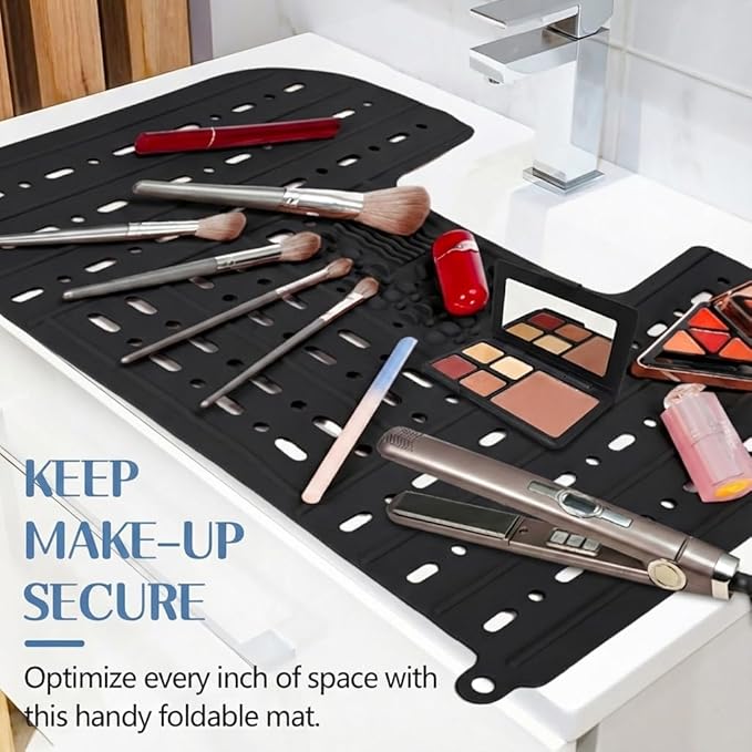 Sink Foldable Cover, Bathroom Sink Top Cover Space Saver, Silicone Makeup Organizer Mat for Over Countertop Bathroom Accessories (Black)