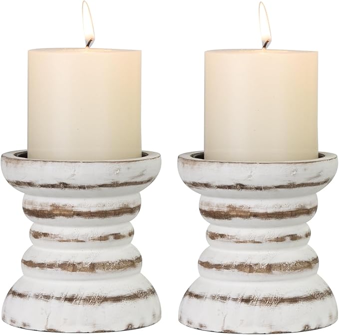 Candle Holder for Pillar Candle Set of 2, Farmhouse Wood Candle Holder, Rustic Wooden Candle Stand, Vintage Small Wooden Candlestick Holders for Living Room, Table Centerpiece, Rustic White