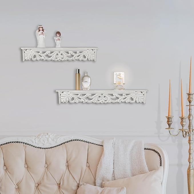 White Wall Shelves French Country Decor - Vintage Floating Shelf Antique Wood Wall Decor Farmhouse Rustic Hanging Shelves for Living Room Bedroom (24"+19")