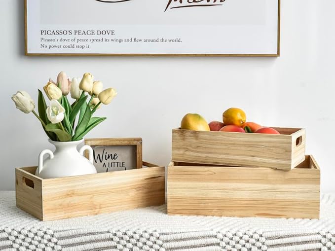 Set of 3 Wooden Boxes for Storage Small Crates for Display and Organizing, Farmhouse Style Storage Boxes for Crafts, Decor, Home Pantry and Living Room