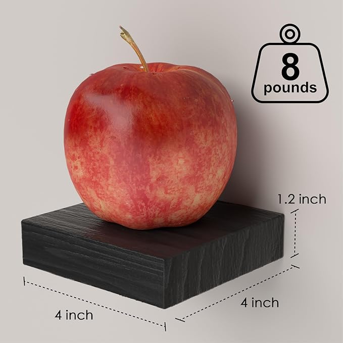 PopiShelves Small Floating Shelves for Wall - 4 Inch Mini Square Black Shelves for Bedroom, Living Room, Bathroom, Kitchen, Office Decor Set of 3