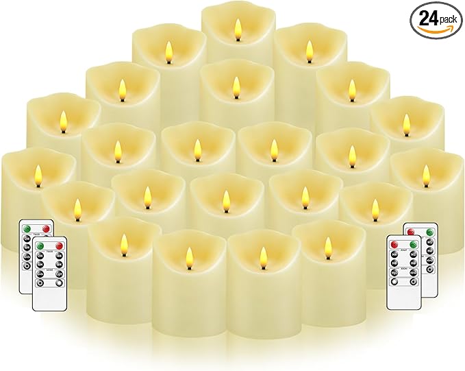 Nimiko Flameless Candles with Remote, Battery Operated Flickering Flameless Candles, LED Candles with Timer 2/4/6/8H, with Realistic LED Candles Set of 24 (D3 x H 3" 4" 5" 6" 7") (Ivory)