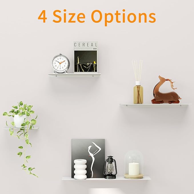 MKO 16" Floating Shelves for Wall, Metal Wall Mounted Shelf for Bathroom, Bedroom, Living Room, Kitchen, Hanging Shelves for Books/Storage/Room Decor 2 Packs, White