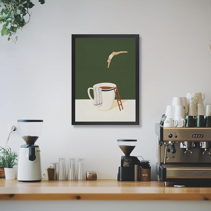Cyebmo Modern Coffee Wall Art, Funny Diver Wall Decor, Vintage Kitchen Wall Decor, Minimalist Cafe Canvas Painting, Green Abstract Espresso Artwork for Kitchen Cafe Coffee Bar Wood Framed 16x24 Inch