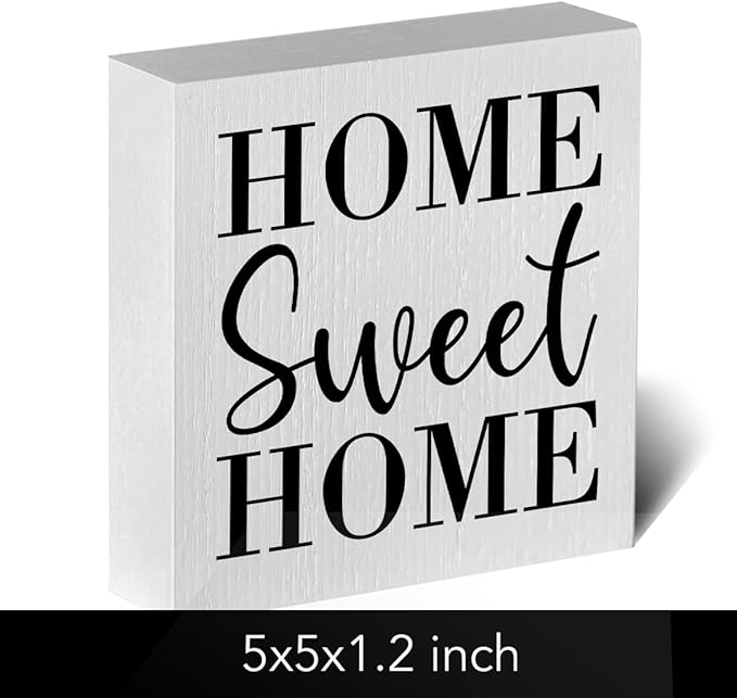 Home Sweet Home Rustic Farmhouse Style Wood Sign Art 5 x 5 Inch Wooden Box Plaque for Living Room Desk Décor Gift