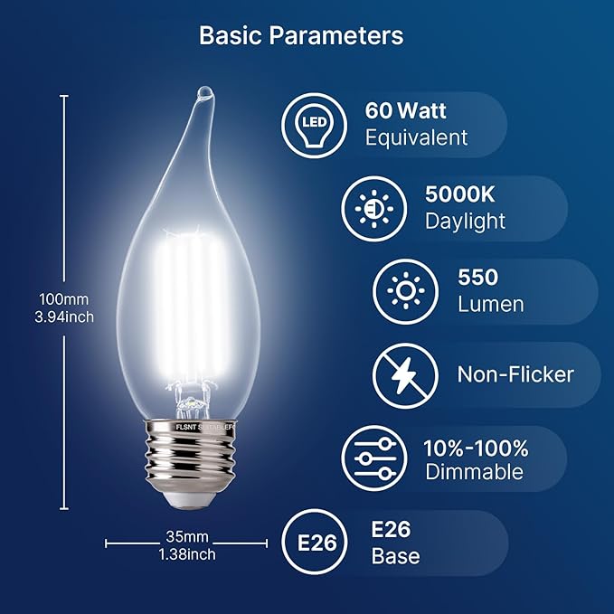 FLSNT LED Chandelier Edison Bulbs 5000K Daylight, 60W Equivalent, Dimmable CA11 E26 Base LED Candelabra Bulbs, 550LM, 24 Pack UL,CA65 Listed.