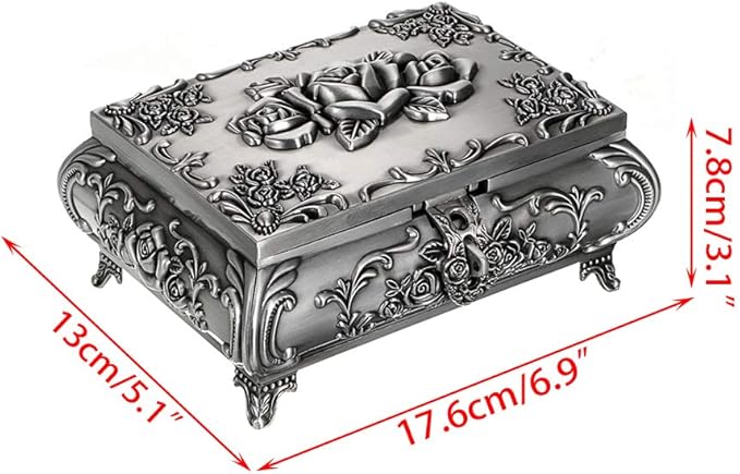 Hipiwe Vintage Metal Jewelry Box Small Trinket Jewelry Storage box For Rings Earrings Necklace Treasure Chest Organizer Antique jewelry Keepsake gift Box Case for Women (Large)