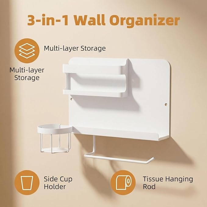 Floating Shelves for Bedside, Self Stick On Wall Mount Shelf Organizer with Hooks, Cute Room Decor Aesthetic, Multi-Functional Storage for Bedroom, Office, No Drilling Adhesive Hanging Shelf (White)