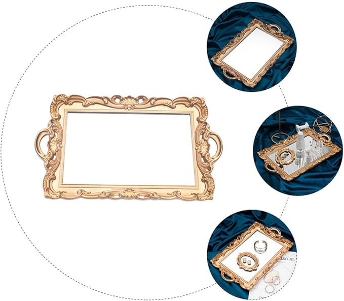 European Mirror Plate Decorative Tray Golden Retro Makeup Organizer Tray for Perfume Storage and Photo Props Home Décor Accent for Bedroom and Bathroom