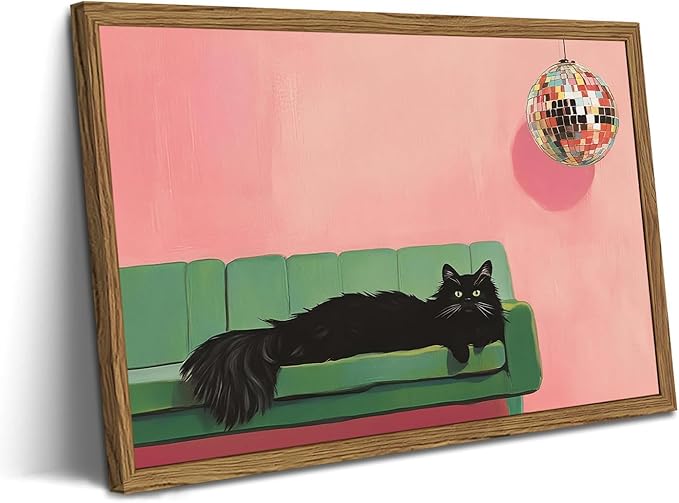 Funny Black Cat Wall Art, Cute Animal Wall Decor Painting, Eclectic Disco Ball Bar Cart Canvas Prints Artwork Pictures for Bedroom Living Room 16x24 inch Wood Framed