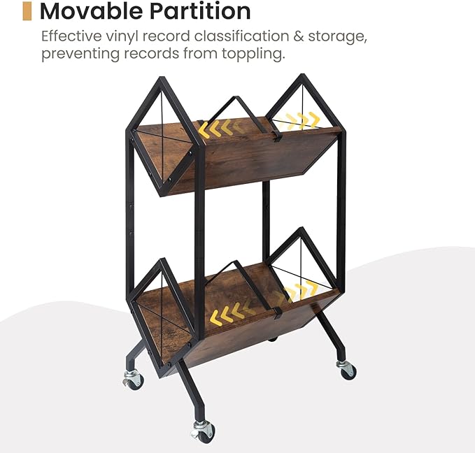 SwaaVee Vinyl Record Storage Holder with Wheels, 2-Tier Record Holder 160-200 LP with Dividers, Retro Style Quick Assembly Vinyl Record Display for Albums, Magazine, Book, Files(2 Tier- Rustic Brown)