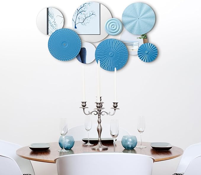 Blulu 9 Pcs Blue Mirror Wall Decor Metal Round Home Art Decor Decorative Modern Circle Mirror Wall Art Sculpture Hanging Decorations for Home Living Room Office