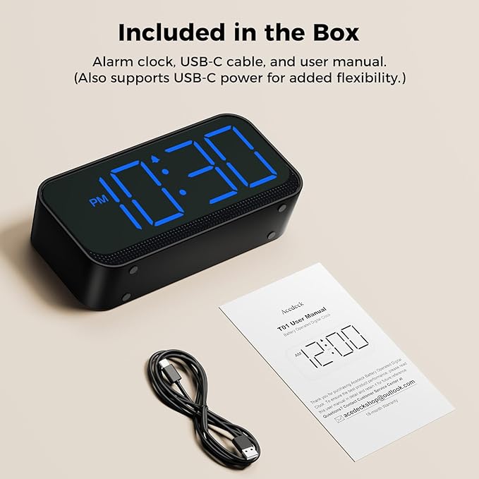 Acedeck Battery Operated Digital Clock: Cordless Small Alarm Clock for Bedroom Travel - Large Numbers 4 Dimmers for All Ages Blue Digits