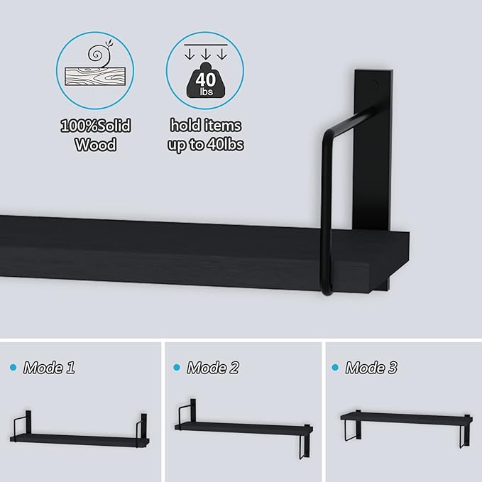 Floating Shelves - 24 Inch Wall Mounted Set of 3, Rustic Wood Storage Shelves for Living Room (Black)