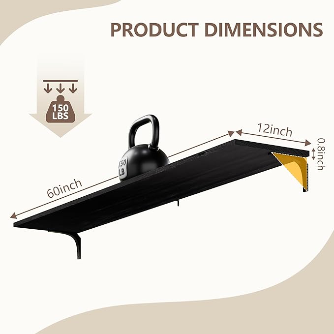 12 Inch Deep Floating Shelves Set of 2, 60 Inch Extra Wide Black Solid Wood Wall Shelves, 5ft Heavy Duty Farmhouse Wall Mounted Shelving for Kitchen, Living Room & Bedroom