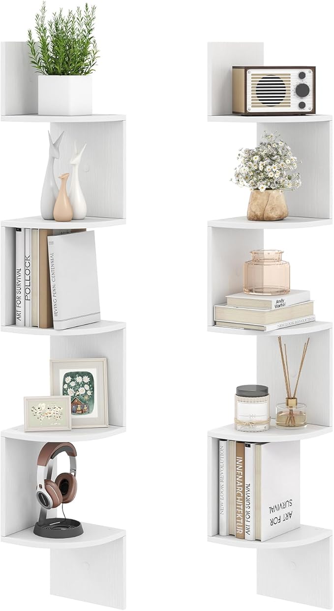 Giantex Corner Shelf Wall Mounted Set of 2, 5-Tier Floating Corner Bookshelf, Home Storage Organizer, Wooden Display Stand Rack for Wall, Plant Shelf for Living Room, Bedroom, Kitchen, White