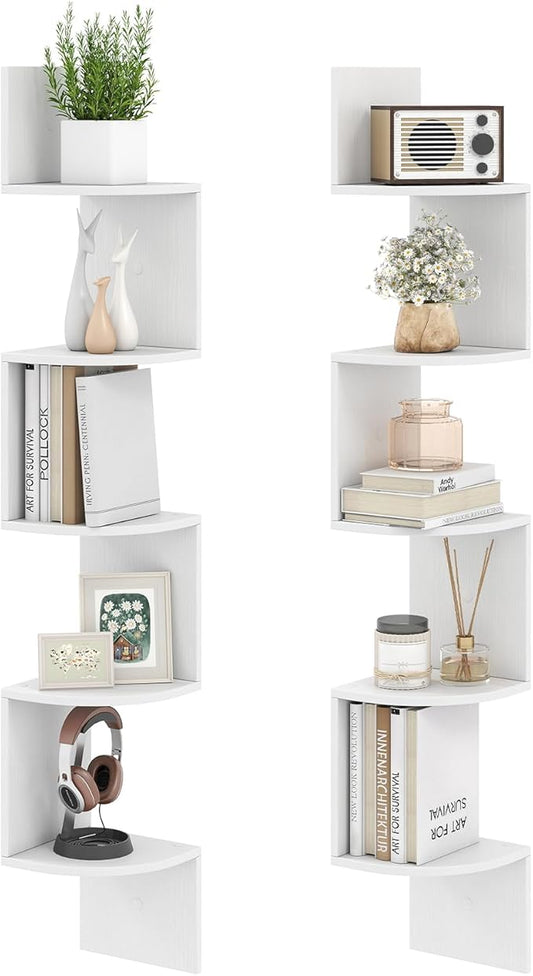 Giantex Corner Shelf Wall Mounted Set of 2, 5-Tier Floating Corner Bookshelf, Home Storage Organizer, Wooden Display Stand Rack for Wall, Plant Shelf for Living Room, Bedroom, Kitchen, White