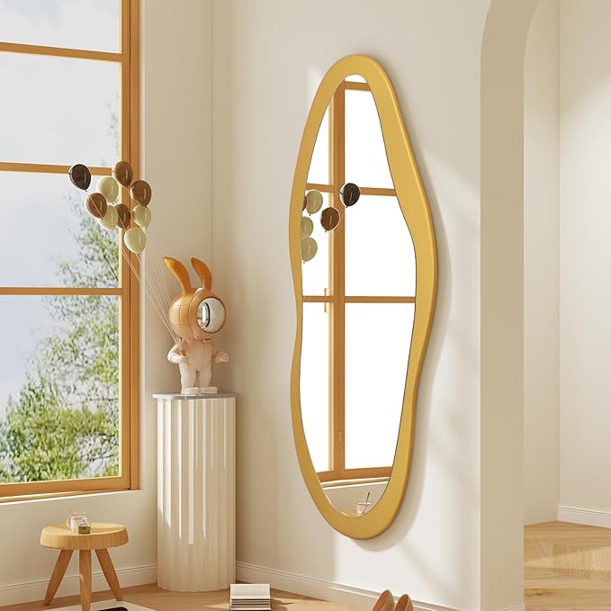 AAZZKANG Gold Irregular Full Length Mirror with Wood Framed Large 47"x20" Asymmetrical Full Body Mirrors for Bedroom Living Room Entryway