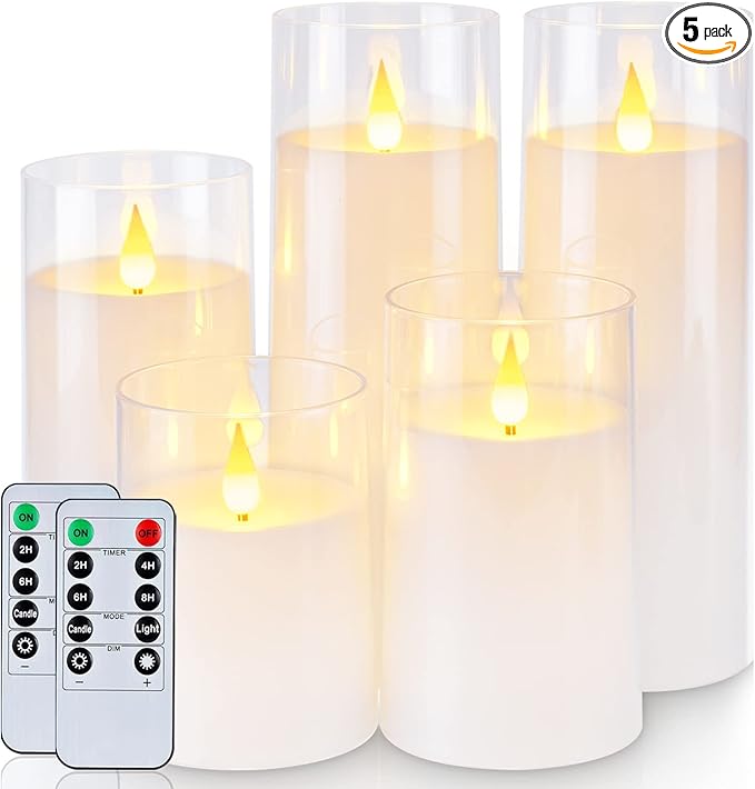 Homemory Pure White Flickering Flameless Candles, Battery Operated Acrylic LED Pillar Candles with Remote Control and Timer, Set of 5
