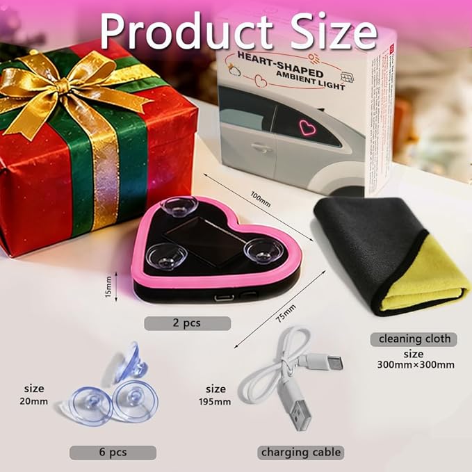 2Pcs Solar Powered Heart Light for Car, LED Wireless Ambient Lamp with 6 Modes & Vibration Sensor Can Automatically Power The Light On, Romantic Ambient Gift for Couples (Pink)