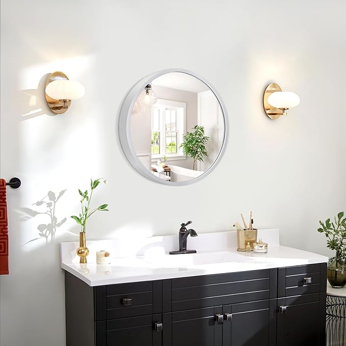 JJUUYOU Round Wall Mirror Circular Mirror for Bathroom Sliver Mirrors Silver Vanity Hanging Metal Frame Small Make up Mirror for Living Room Bedroom Dorm Entryway and More