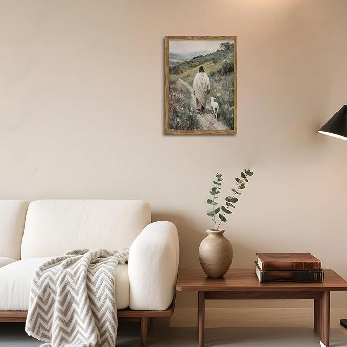 Jesus and Lamb Wall Art 3D Textured Hand Drawn Sandstone Lost Lamb Wall Decor, Jesus Leaves the 99 Sheep Christian Paintings Artwork for Living Prayer Room Bedroom 16x24 inch Wood Framed