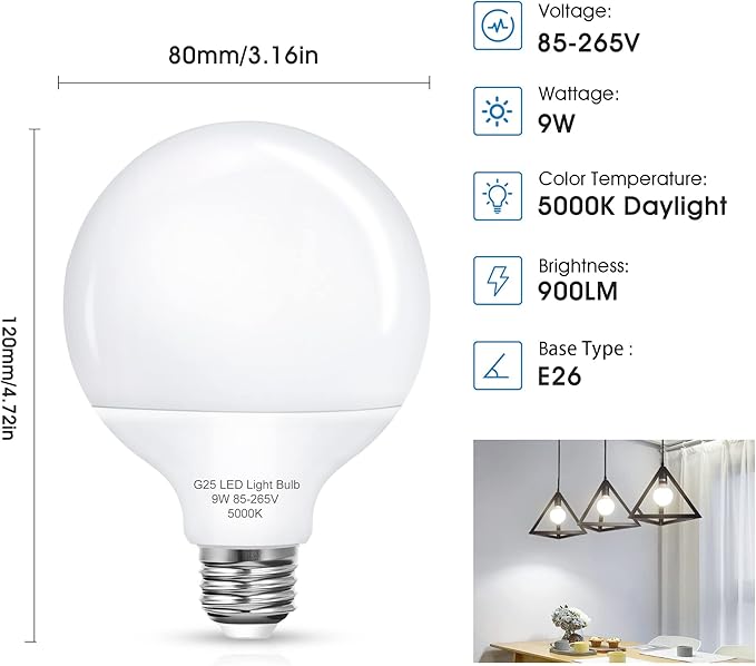 Flaspar G25 LED Vanity Light Bulbs, 100W LED Globe Bulb Equivalent, 9W Vanity Bulbs for Bathroom, 5000K Daylight White 900LM, E26 Base Round Makeup Mirror Bathroom Lights Bulb Décor Lighting, 4 Pack