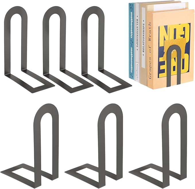 Chunful 6 Pcs Modern Metal Book Ends for Shelves Decorative Small Bookends Book Shelf Organizer Minimalist Design Stopper to Hold Books for Home Office (Gray,5.5 * 3.75 * 2.25inch)