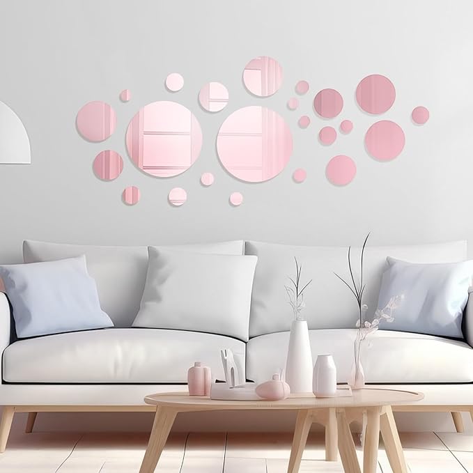 Shappy 32 Pcs Acrylic Mirror Wall Stickers Removable Round Wall Decal Circle Mirror Tiles for Home Bathroom Living Room Bedroom TV Background Decor (Pink,Small Size)