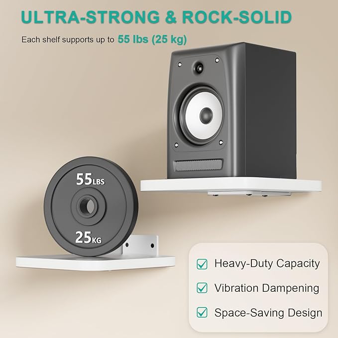 WALI Speaker Wall Mount, Heavy Duty Bookshelf Speaker Floating Wall Shelves, Surround Sound Speakers Stand for Living Room, Home Theater and Gaming Room, Holds up to 55 Lbs, (SWM302W), 1 Pair, White