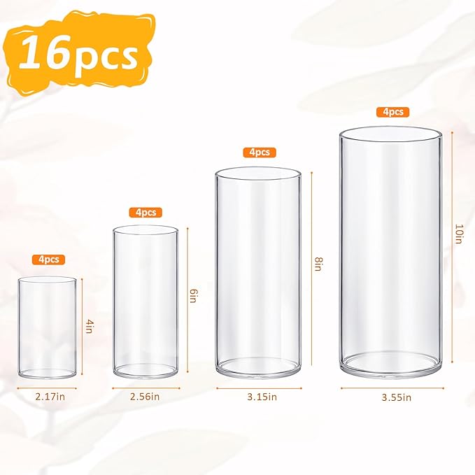 Homjoy Glass Cylinder Vase Sets 16 Pack Tall Clear Flower Vase Hurricane Floating Candle Holder for Table Centerpiece Wedding Home Décor(2.17 x 4IN + 2.56 x 6IN + 3.15 x 8IN + 3.55 x 10IN)