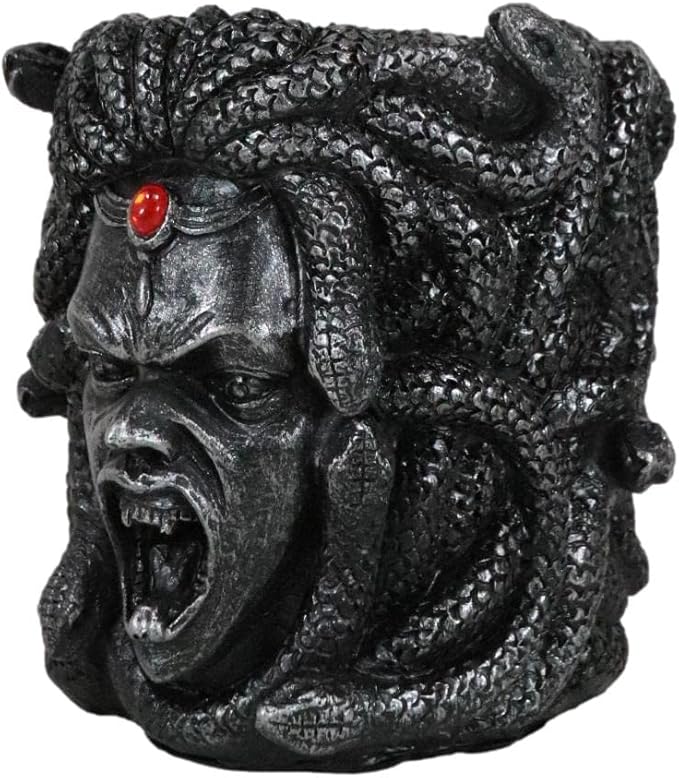 Ebros Gift Greek Mythology Gothic Gorgon Sisters Goddess Medusa With Wild Snakes Hair And Red Bloodshot Gem Head Ornament Decorative Stationery Pen Pencil Make Up Tools Organizer Holder