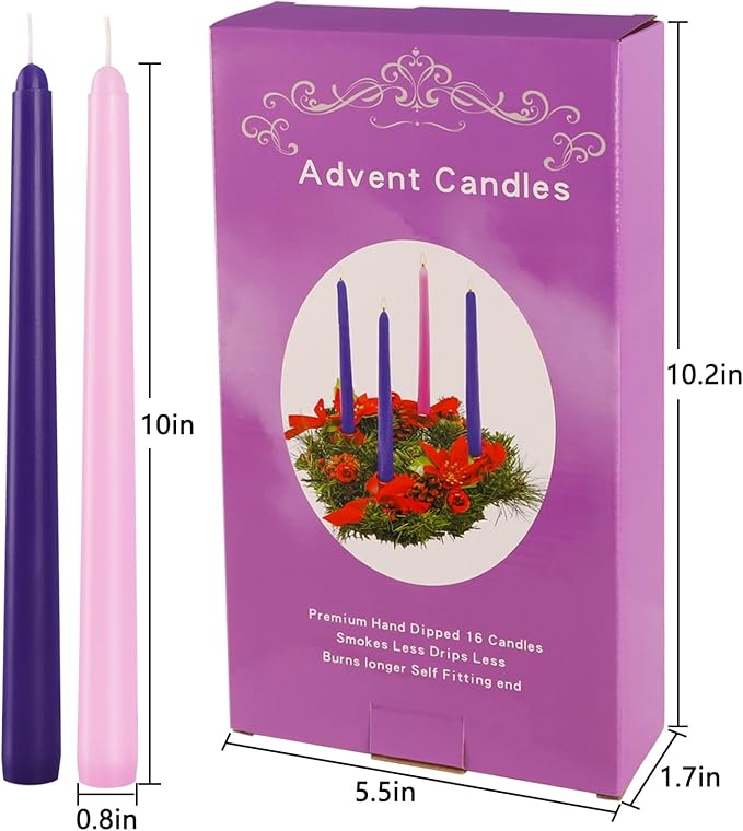 YOROXRG 16 Pack Advent Taper Candles Premium Hand Dipped 10in Unscented Christmas Taper Candles - Ideal for Seasonal Celebrations, Holidays, Church, Celebration, Party