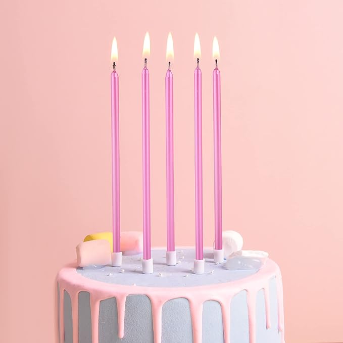 PHD CAKE Pink Long Thin Metallic Birthday Candles, Cake Candles, Birthday Parties, Wedding Decorations, Party Candles