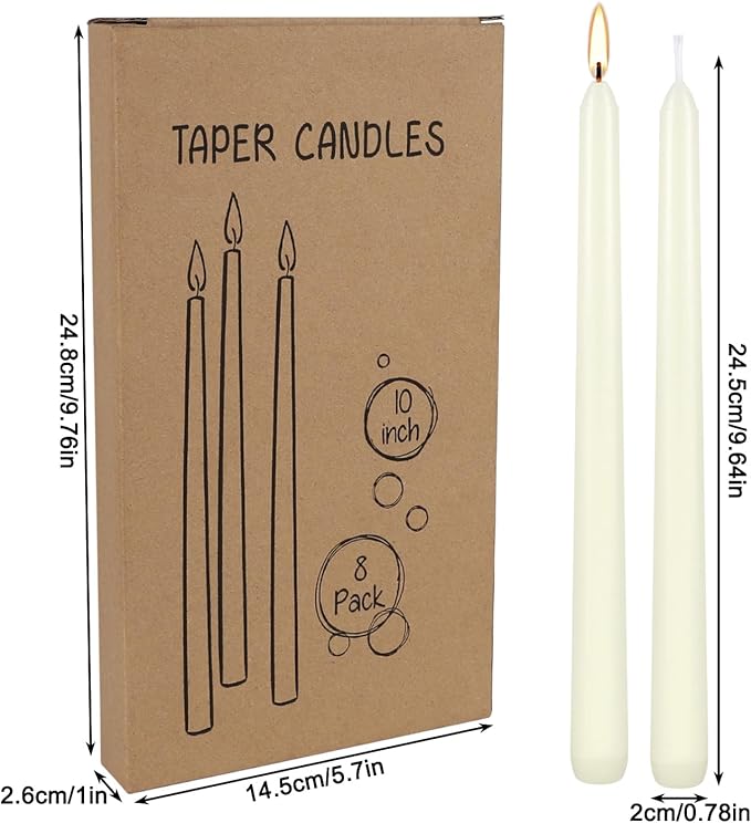 Howemon 8 Pack Ivory Taper Candles 10 Inch Tall 3/4 Inch Thick Burn 8 Hours
