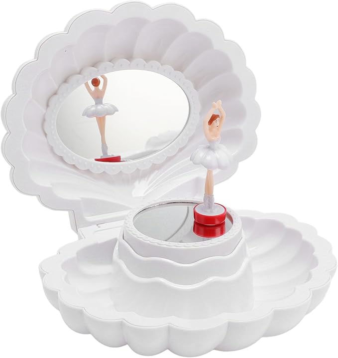 Ballet Jewelry Box with Music Dancing Ballerina Jewelry Organizer with Makeup Mirror for Girls Kids Birthday Retro Design (White)
