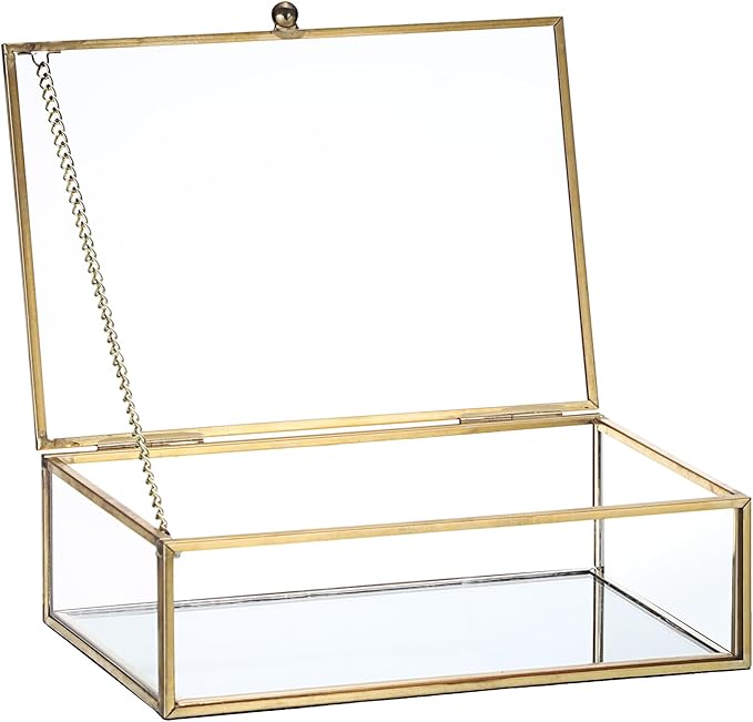 Glass Vatage Glass Box Gold Mirror Jewelry Box Lidded Keepsake Boxes Trinket Case for Ring Earring Storage Decorative Jewelry Organizer for Dresser Bathroom Office, 6.3x 4.3x 2 Inch
