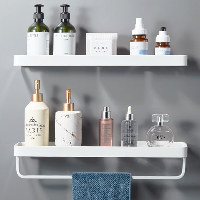 Bathroom Shelves, 15.7in Tempered Glass Shelf with Towel Bar Wall Mounted, 2 Tier Wall Shelves for Bathroom Organizers and Storage, White