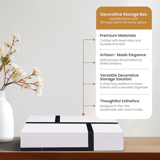 Handicrafts Home Large Decorative Storage Box with Lid – 10x4.5x2.5” Coffee Table Organizer, Keepsake- Decorative Boxes for Home Decor, Stylish Decorative Box for Office Decor- Mondrian- Black White