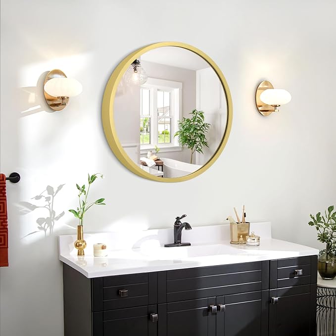 JJUUYOU Round Wall Mirror Decorative Circular Mirror for Bathroom Small Aqua Gold Decor Circle for Wall Metal Framed Make up Farmhouse Living Room Bedroom Dorm 16Inch