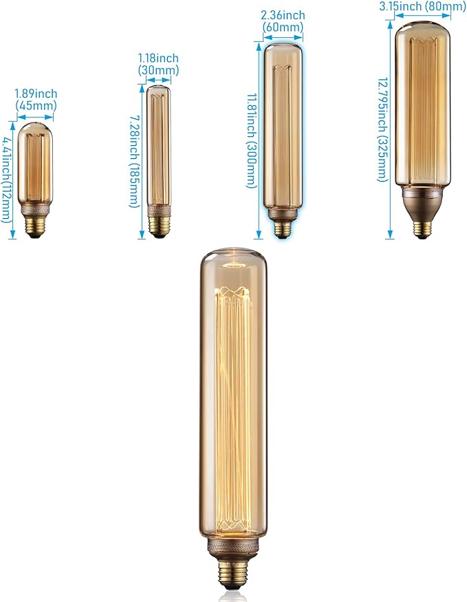 TORCHSTAR LED Tubular Decorative Light Bulb 3.5W, T19 11.81Inch Long Tube Edison Light Bulbs, E26 Base, Dimmable Virtual Filament Vintage Edison Bulb, Amber Glass, 2000K Soft Warm, UL Listed
