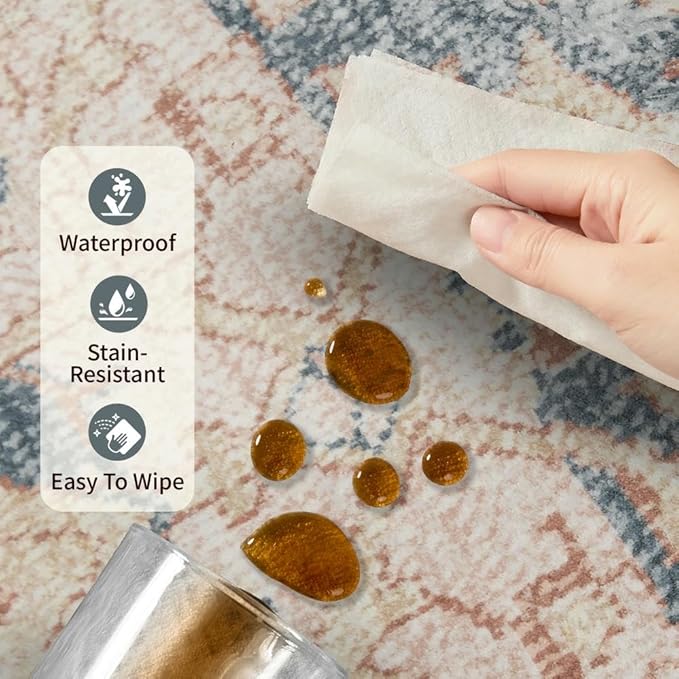Rugxara 10x14 Area Rugs for Living Room Bedroom, Large Washable Rug, Coral Vintage Retro Boho Rug, Non Slip & Low Pile Faux Wool Thin Carpet for Indoor Dining Room, Kids Room(Coral Blue 10x14ft)