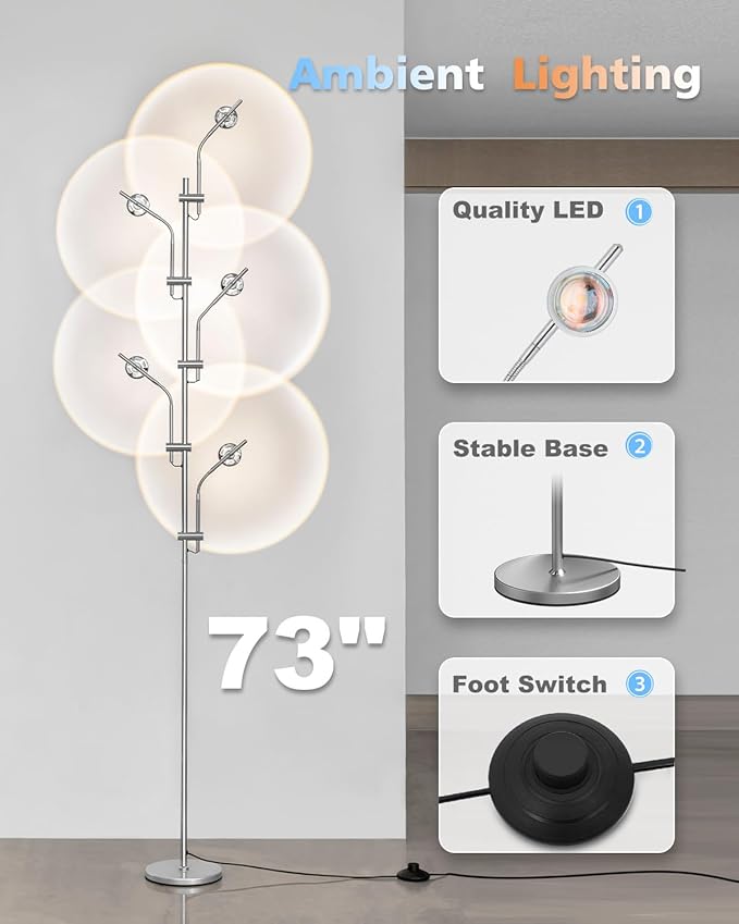 DENGALA Halo Projector Floor Lamp - 4000K LED Multi Head Floor Lamp with RGB Filters - Sunset Projection Ambient Lighting - Mood Corner Lamp for Bedroom,Living Room - Chrome